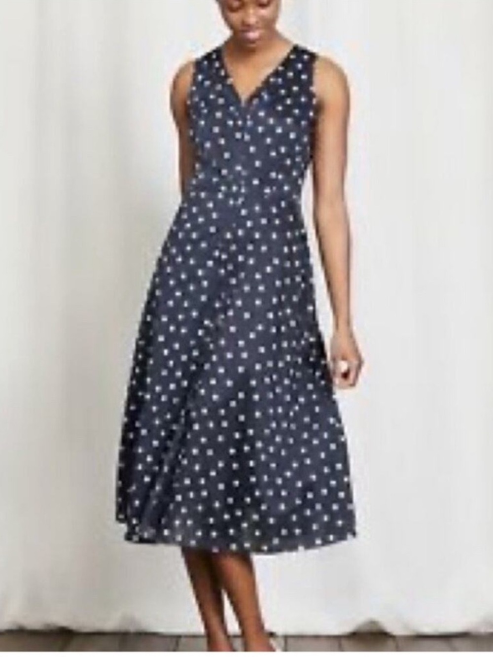Boden Dress Women’s 16 Josephine Navy White Polka Dots Tailored Flattering Midi